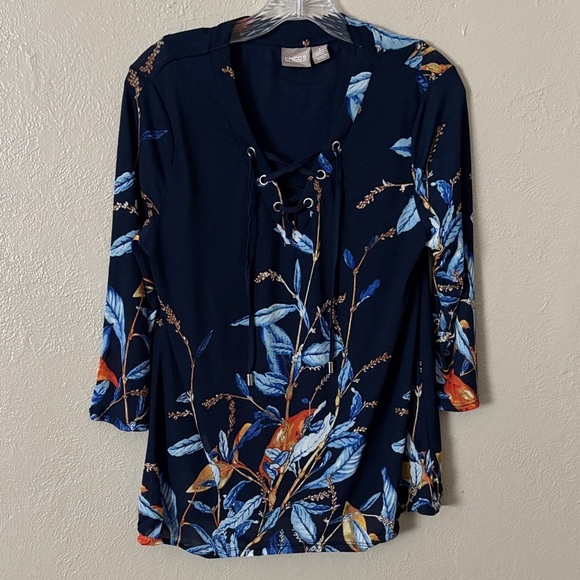 Chico's Tops - CHICOS Womens Knit Top 3/4 Sleeve Blue/Yellow Lace-Up, Medium, Chicos Size 1